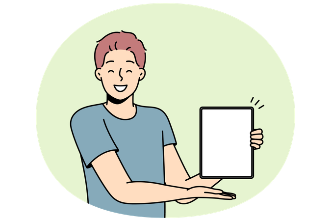 Un homme souriant montre une maquette d'écran sur une tablette  Illustration