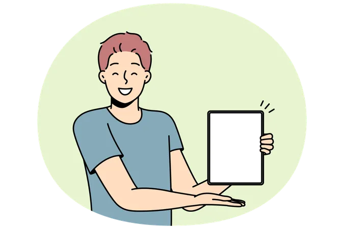 Un homme souriant montre une maquette d'écran sur une tablette  Illustration