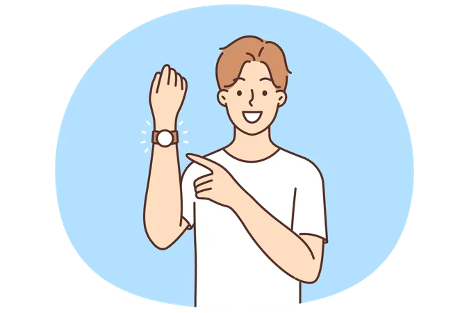 Un homme souriant pointe sa montre-bracelet  Illustration
