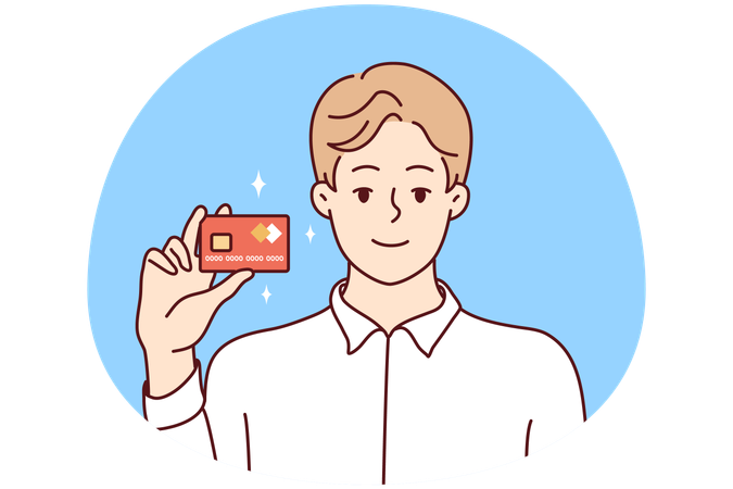 Homme souriant posant avec une carte bancaire  Illustration