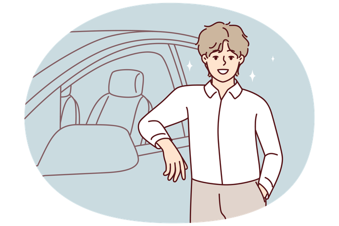 Homme souriant posant près d'une nouvelle voiture  Illustration