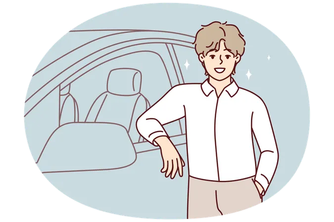 Homme souriant posant près d'une nouvelle voiture  Illustration