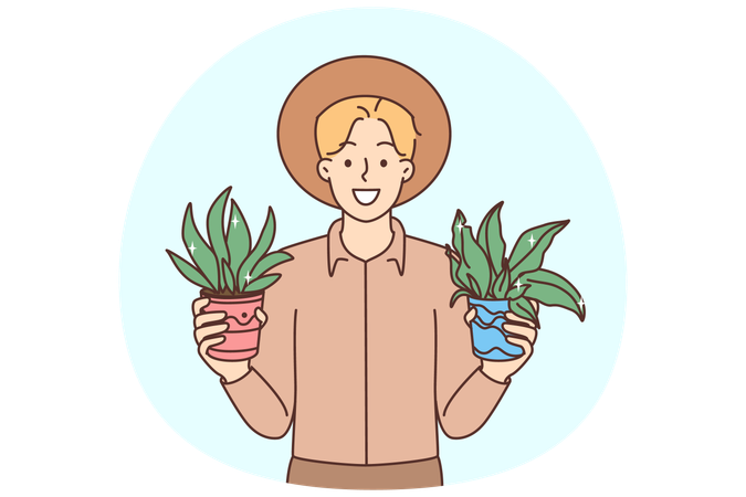 Un homme souriant tenant des plantes dans ses mains, enthousiaste à l'idée de jardiner  Illustration