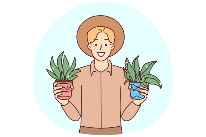 Un homme souriant tenant des plantes dans ses mains, enthousiaste à l'idée de jardiner  Illustration