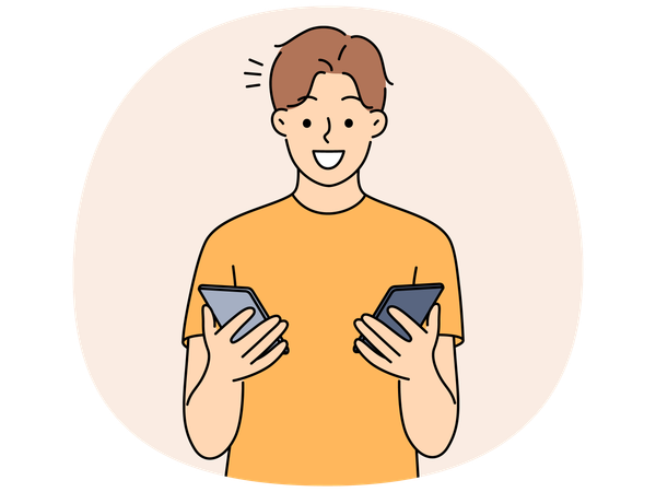 Homme souriant tenant des téléphones portables  Illustration