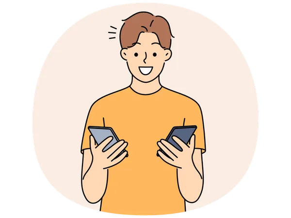Homme souriant tenant des téléphones portables  Illustration