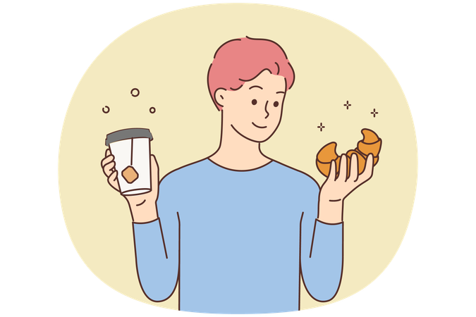 Homme souriant tenant un croissant et du thé à emporter dans une tasse.  Illustration