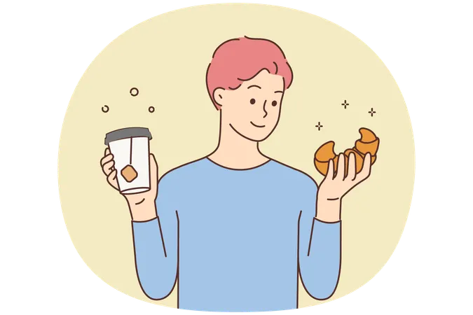 Homme souriant tenant un croissant et du thé à emporter dans une tasse.  Illustration