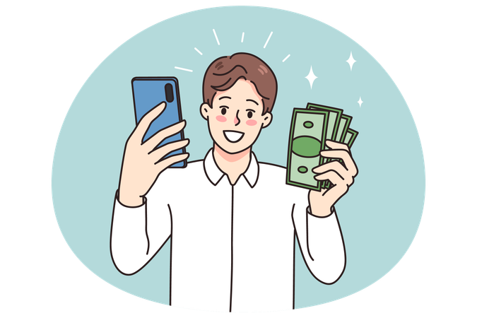 Homme souriant tenant un smartphone et de l'argent  Illustration