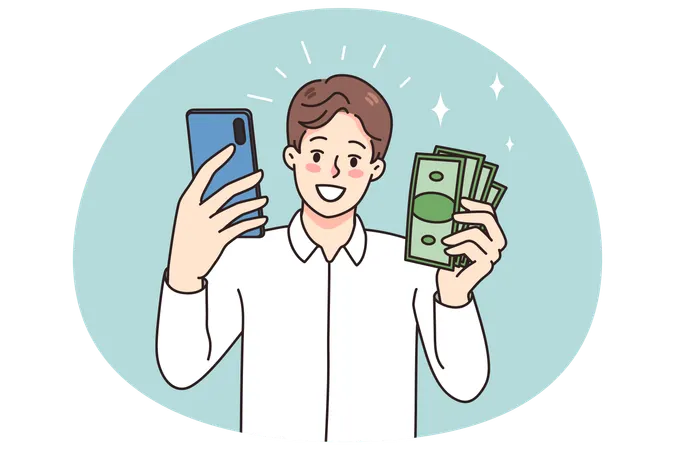Homme souriant tenant un smartphone et de l'argent  Illustration