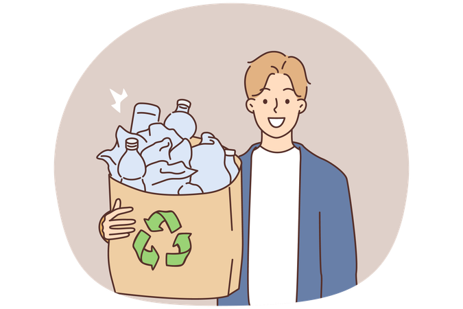 Homme souriant tenant une bouteille en plastique pour le recyclage  Illustration