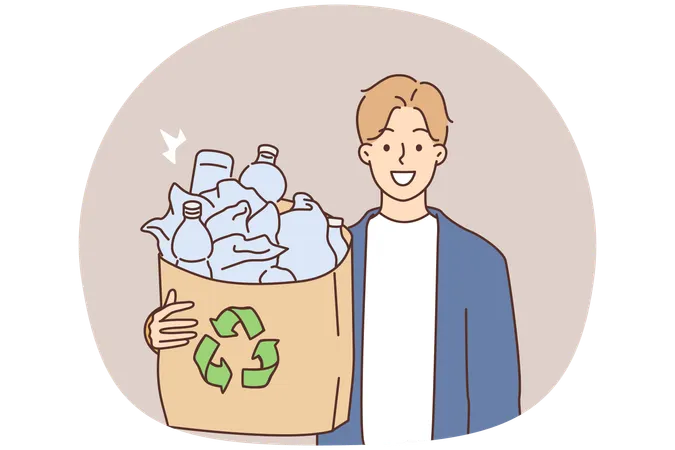 Homme souriant tenant une bouteille en plastique pour le recyclage  Illustration