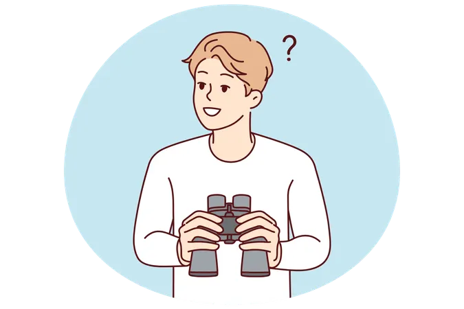 Homme souriant tenant une longue-vue  Illustration