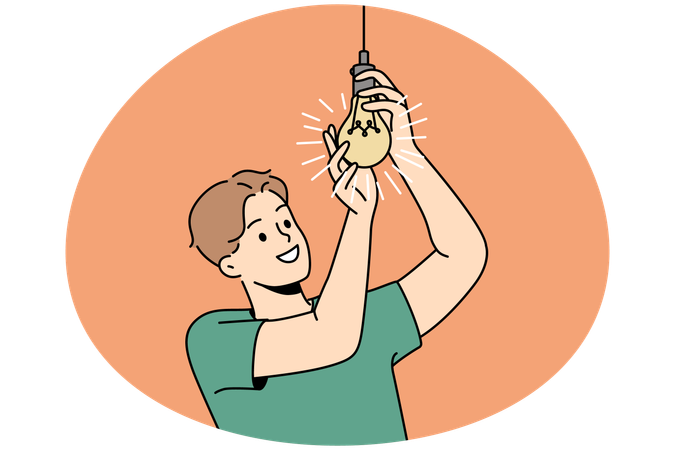 Homme souriant vissant une ampoule  Illustration