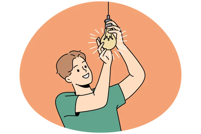 Homme souriant vissant une ampoule  Illustration