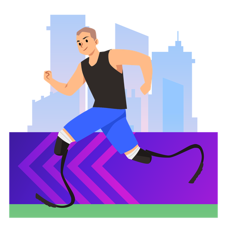 Homme sportif heureux qui court avec des prothèses de jambe  Illustration
