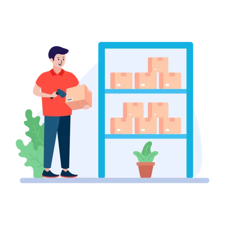 Homme stockant des colis et les numérisant à l'aide d'un lecteur de codes-barres  Illustration