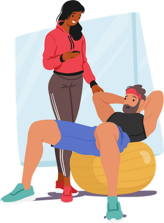 Homme subissant un entraînement physique personnalisé avec un coach personnel  Illustration