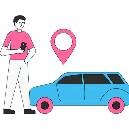 Homme suivant l'emplacement d'un taxi via une application  Illustration