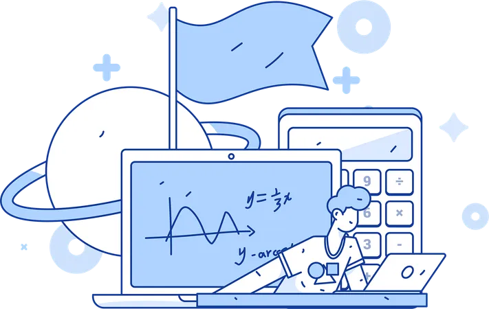 Un homme assiste à un cours de mathématiques en ligne  Illustration