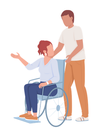 Un homme soutient une femme en fauteuil roulant  Illustration