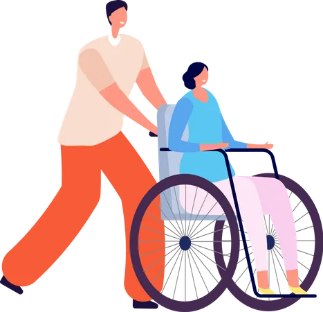 Un homme soutient une femme en fauteuil roulant  Illustration