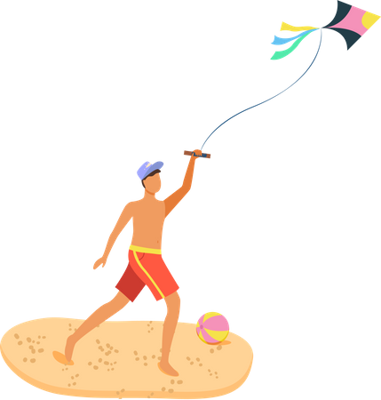 Homme sur la plage s'amusant avec un cerf-volant  Illustration