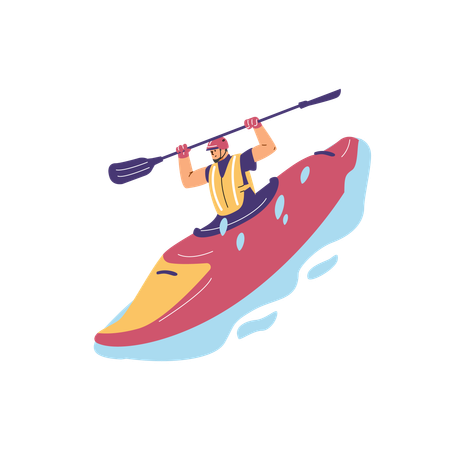 Homme sur un kayak tenant une rame dans un gilet de sauvetage  Illustration