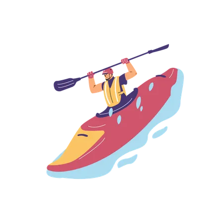 Homme sur un kayak tenant une rame dans un gilet de sauvetage  Illustration