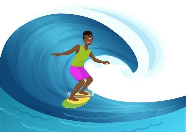 Homme surfant sur les vagues  Illustration