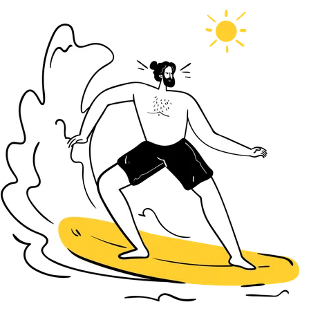 Homme surfant sur les vagues  Illustration