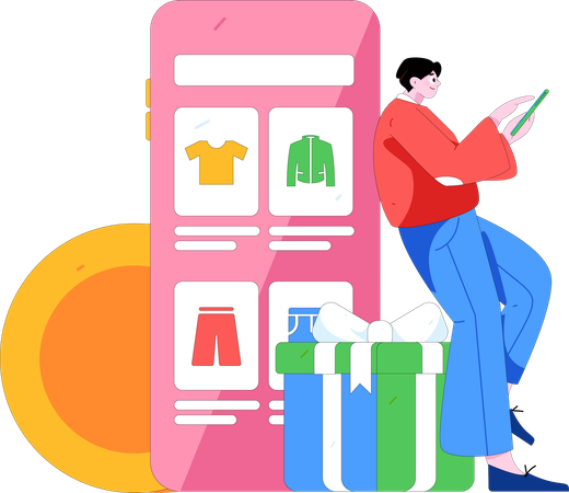 Un homme surfe sur une application de vêtements pour faire du shopping  Illustration