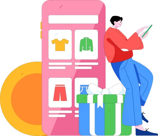 Un homme surfe sur une application de vêtements pour faire du shopping  Illustration