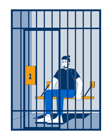 Un homme suspect arrêté est assis dans une cellule de prison derrière les barreaux  Illustration