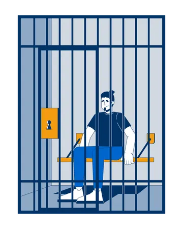 Un homme suspect arrêté est assis dans une cellule de prison derrière les barreaux  Illustration
