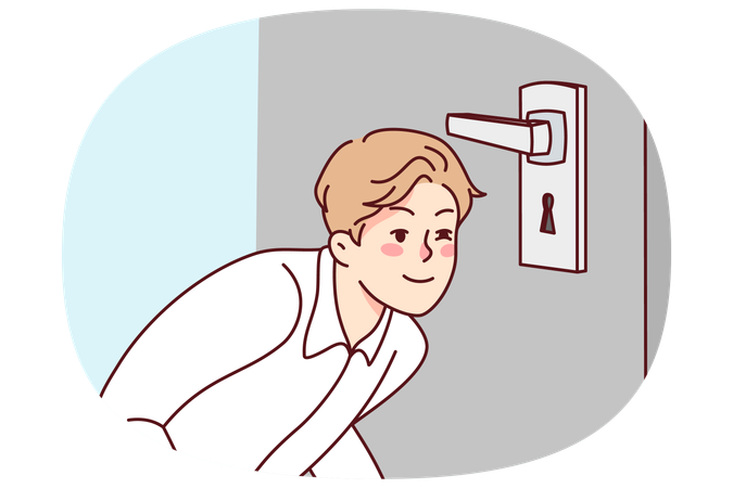 Un homme suspect regarde dans le trou de la porte  Illustration