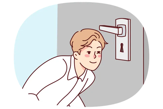 Un homme suspect regarde dans le trou de la porte  Illustration