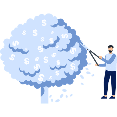 Homme taillant un arbre à argent avec des cisailles  Illustration
