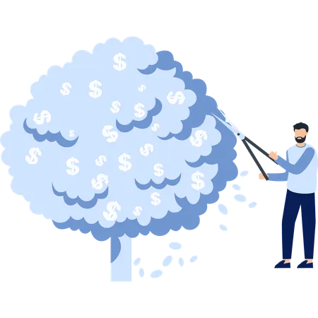 Homme taillant un arbre à argent avec des cisailles  Illustration