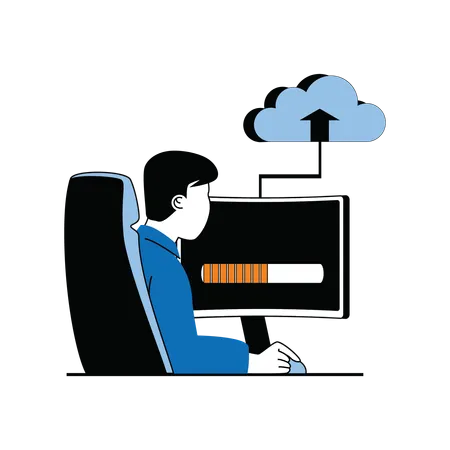 Homme téléchargeant des données sur le cloud  Illustration