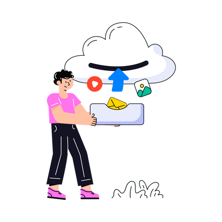 Homme téléchargeant des données sur le cloud  Illustration