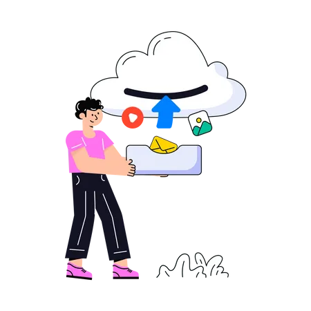 Homme téléchargeant des données sur le cloud  Illustration