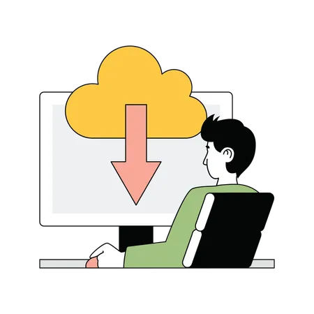 Homme téléchargeant des fichiers depuis le système cloud  Illustration