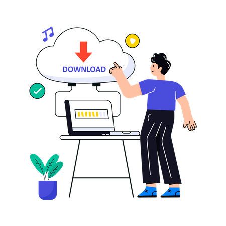 L'homme télécharge des données depuis le Cloud  Illustration