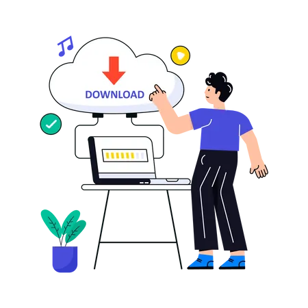 L'homme télécharge des données depuis le Cloud  Illustration