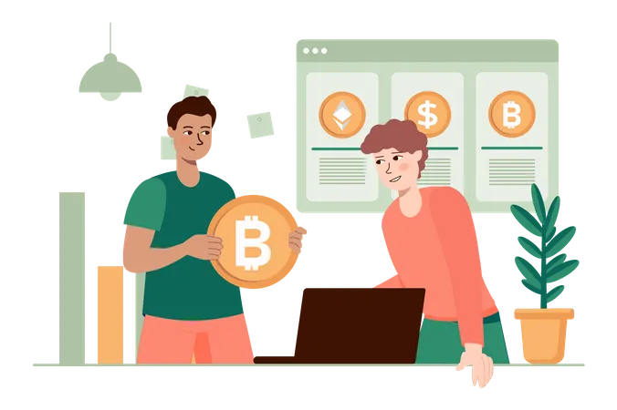 Homme tenant Bitcoin et investissant en bourse  Illustration