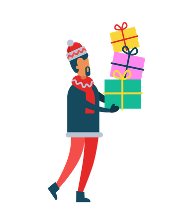 Homme tenant des boîtes de cadeaux de Noël, des tas de cadeaux  Illustration