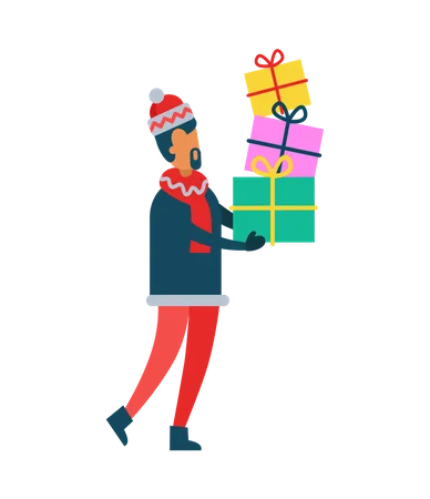 Homme tenant des boîtes de cadeaux de Noël, des tas de cadeaux  Illustration