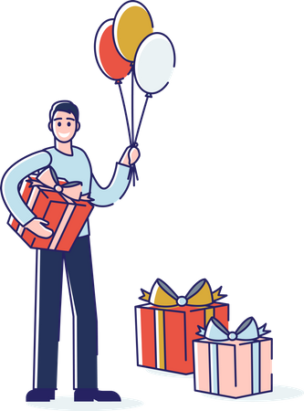 Homme tenant des boîtes cadeaux lors d'une fête d'anniversaire  Illustration