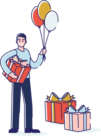 Homme tenant des boîtes cadeaux lors d'une fête d'anniversaire  Illustration